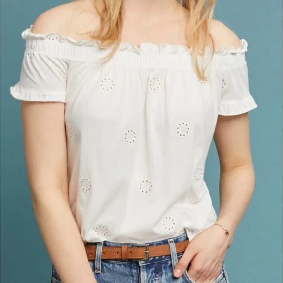 THREE DOTS Anthropologie Off Shoulder White Embroidered Blouse Women's Size Med - Picture 1 of 8